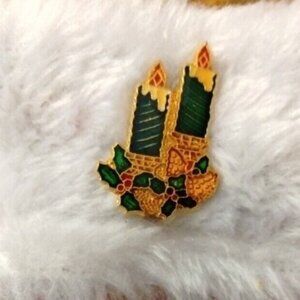 Enamel Candle Holly Brooch Pin Vintage Holiday Jewelry